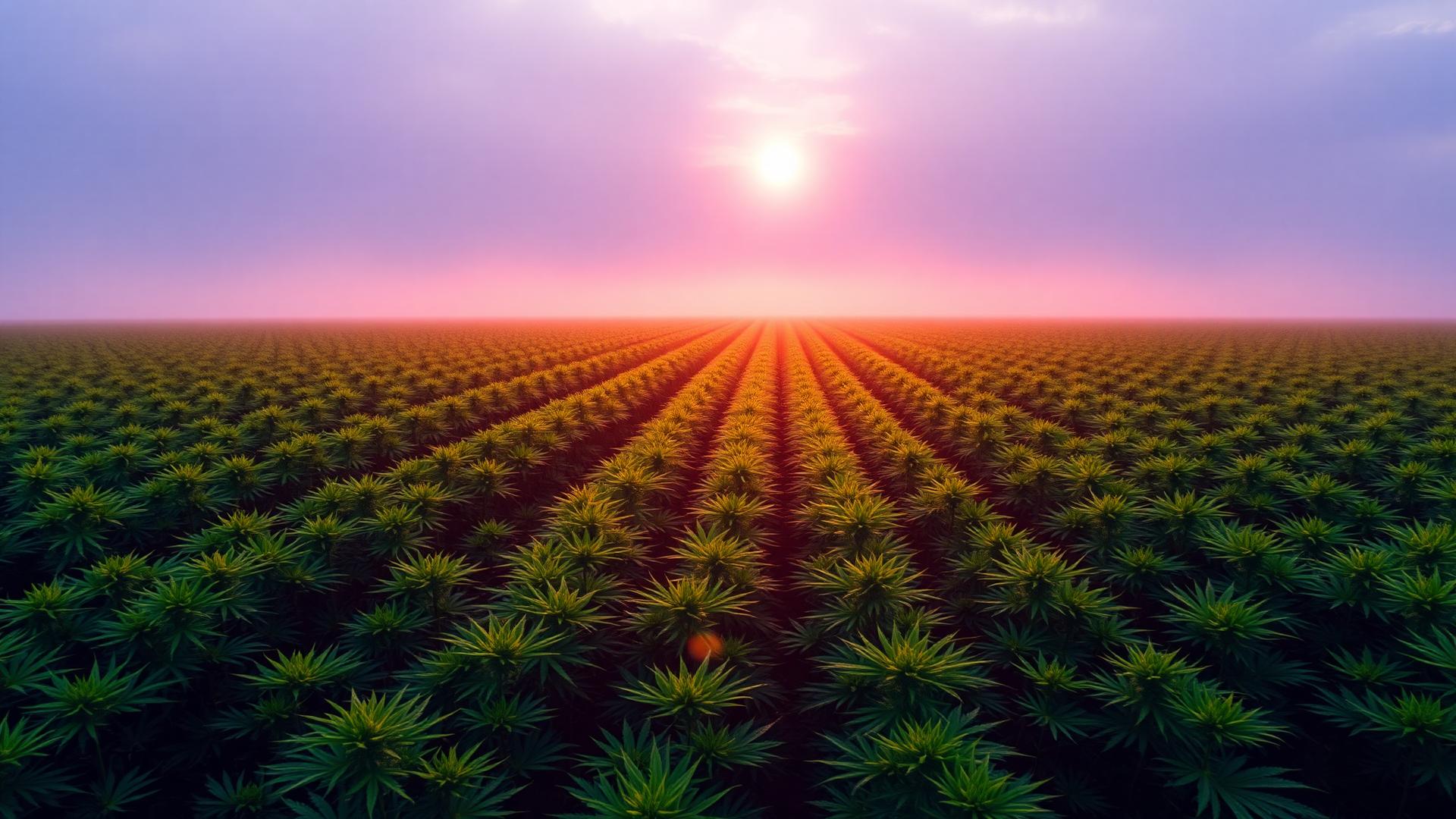 Green field of cannabis at sunrise